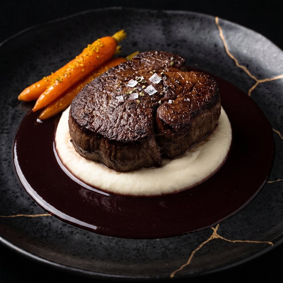 Seared filet mignon over whipped potato with red wine reduction and glazed heirloom carrots