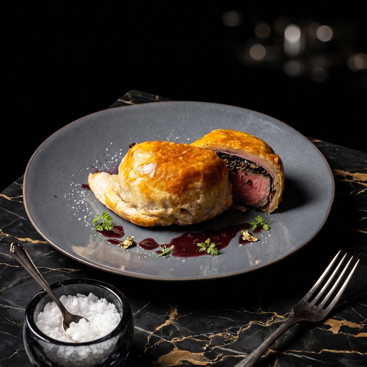 Beef Wellington sliced open on grey stoneware with red wine jus and gold leaf